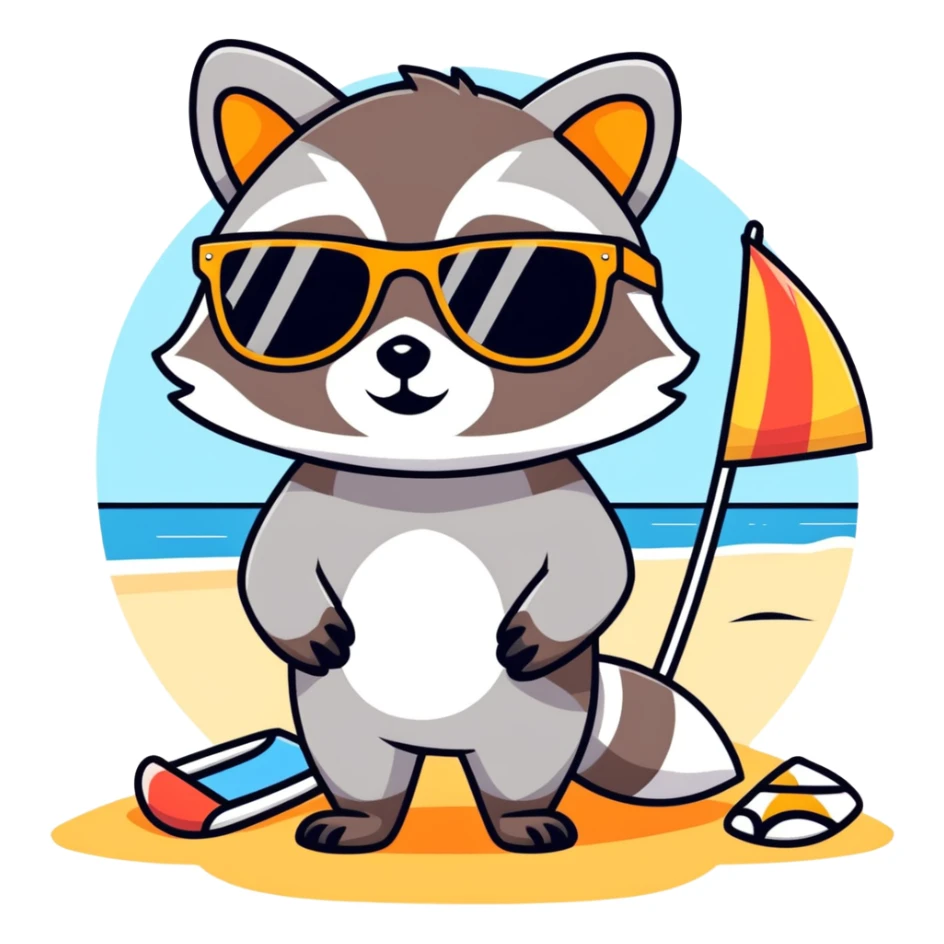 raccoon with sunglasses on a beach sticker