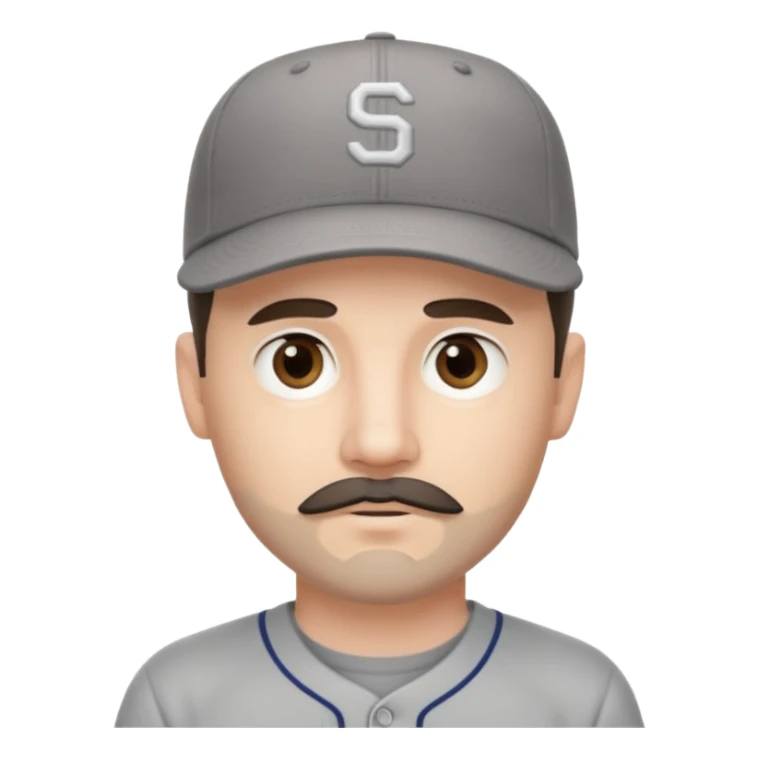 white young male with small dark brown goatee beard and moustache with grey tones wearing a grey baseball cap backwards with hazel eyes sticker