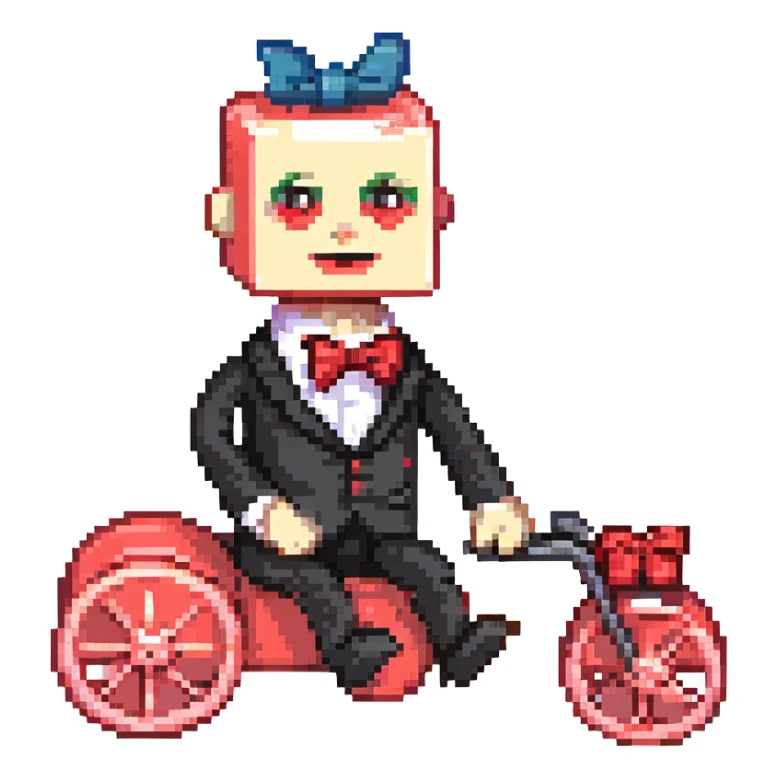 Saw puppet, pixel art style, small and blocky, red spirals on cheeks, black suit, red bow tie, tricycle sticker