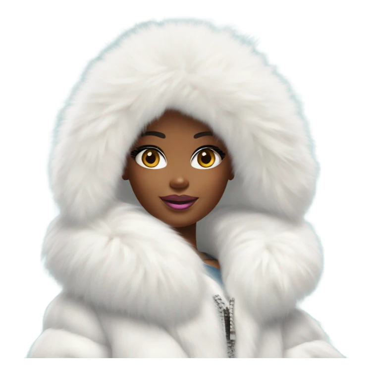 Barbie looking emoji  in an extremely big fluffy oversized white fur coat with hood on. The fur is real and it’s very obvious big and fluffy like in Pinterest  sticker