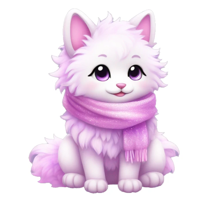 Kawaii cute gorgeous colorful sparkly bright light pastel lilac-pink-white-gradient fantasy ethereal fluffy fursona animal creature with a cute scarf full body sticker