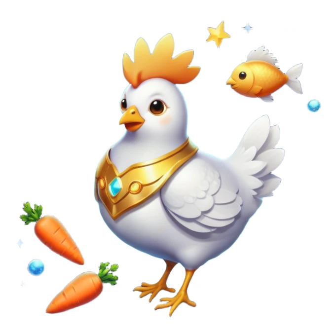 Magical ethereal chicken, fish, and carrot floating in a cosmic space, connected by golden energy beams to a healthy eye, radiant skin, and glowing immune shield sticker