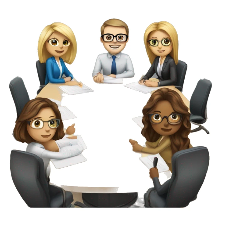 meeting table with 6 people seated two men, both width buzcuts and glases, two blonwimen with long hair, two brownhaired women with long hair and one brown haired woman with short hair sticker