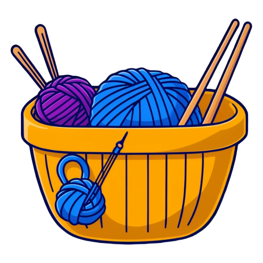 colorful yarn basket with knitting needles sticker