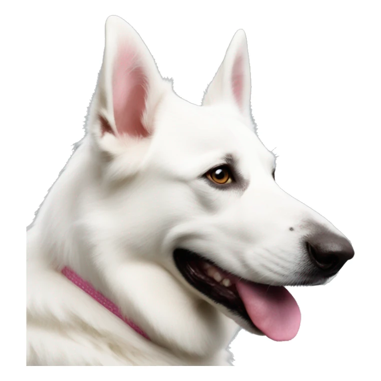 White swiss shepherd dog with a pink heart sticker