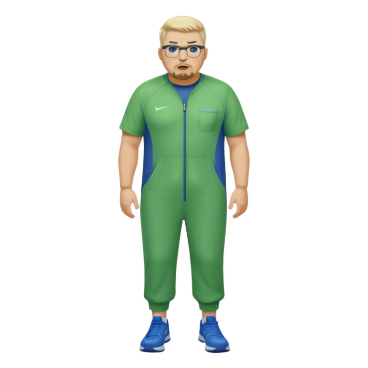 Full Body white male plus size wearing glasses with a goatee with light blonde and gray very short hair angry head Coach in blue and green Nike jump suit sticker