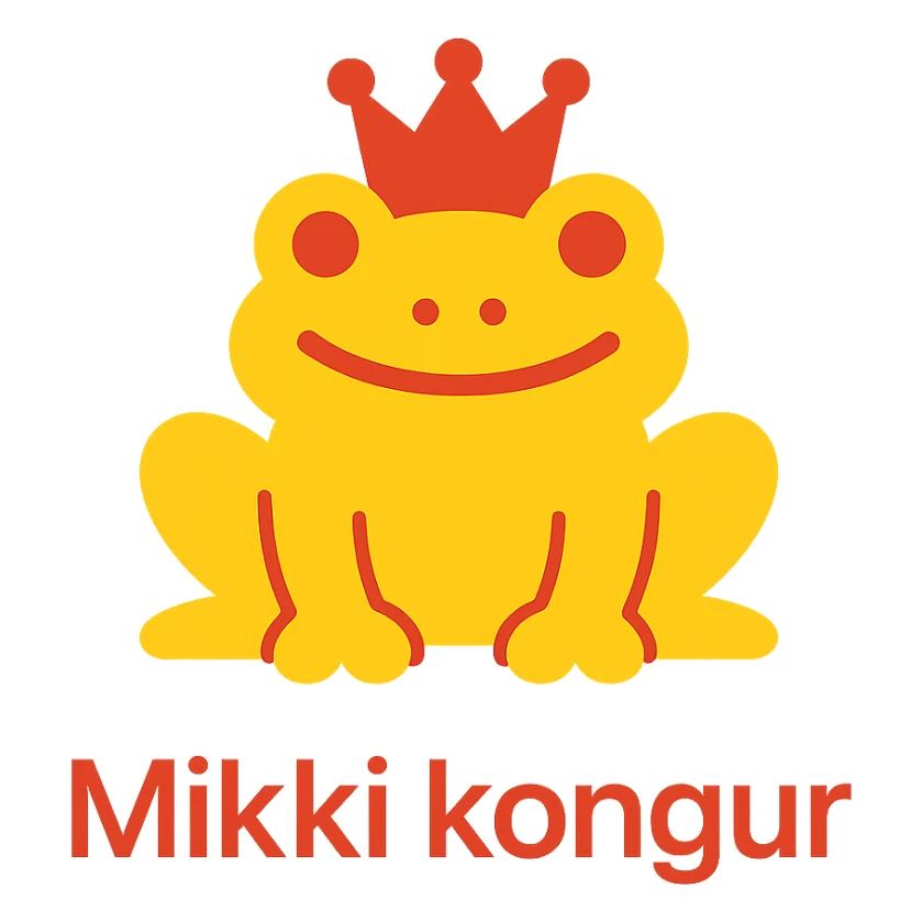 crowned frog in DHL Express branding smiling with 'Mikki kongur' text in a modern sans-serif font, simple flat color icon style sticker