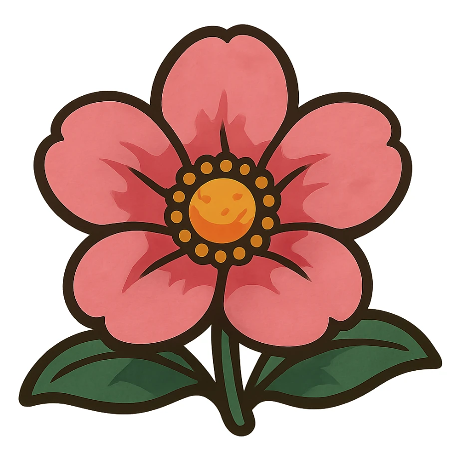 bold ghibli style icon of a pink flower sticker