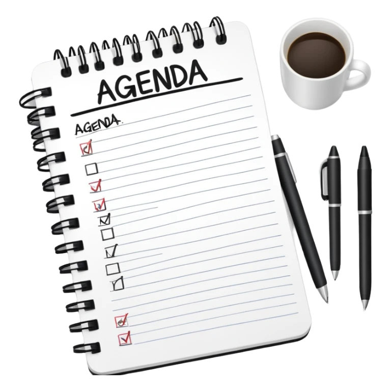 A notebook with 'AGENDA' written on top and meeting items listed below with bullet points sticker