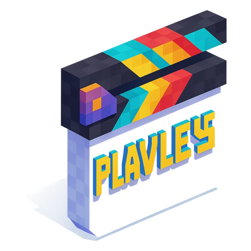 voxel style movie clapperboard with the text 'PLAVLEYS', white body, black lid, isometric view sticker