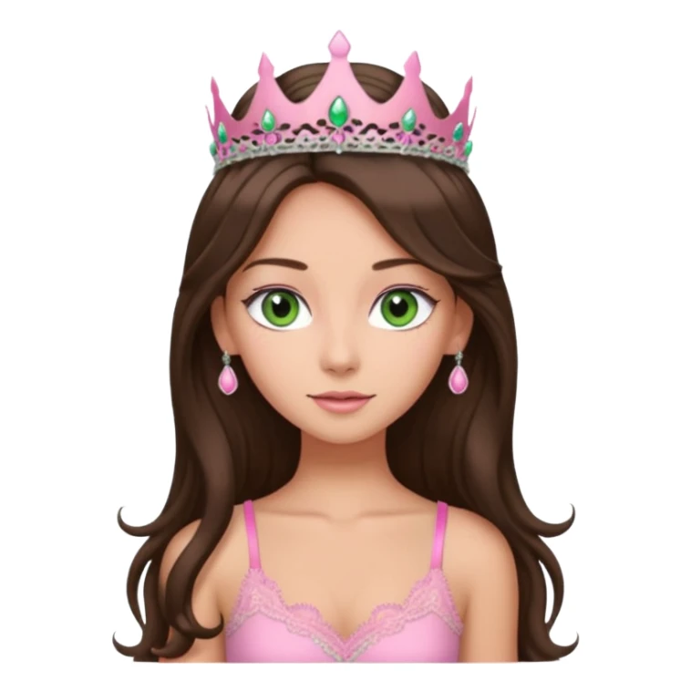 super long haired brunette with middle part cute pink lacy tank with a pink tiara on head, white but tan green eyes  sticker