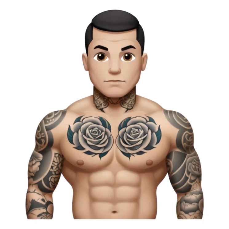 tattoo man, white skintone, more highlight the tattoo, body builder, heavy tattoos on fully chest, more tattoos on the body, more visible tattoo, big tattoos, tattoos on face. sticker