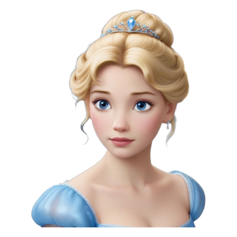 Cinematic Realistic Cinderella Portrait, depicted with lifelike skin texture, subtle rosy undertones, and soft natural lighting that enhances the gentle contours of her face. Her intricately detailed golden blonde hair is elegantly styled in an updo, with delicate wisps framing her face. Her deep, expressive blue eyes radiate warmth and sincerity, reflecting a quiet resilience and grace. She holds a glass slipper gently in one hand, her other hand resting gracefully at her side, emphasizing the timeless beauty of the moment. She is dressed in her iconic ball gown, the fabric shimmering with intricate embroidery and fine translucent layers that catch the light beautifully. The soft sheen of satin gloves adds a magical touch to her graceful pose. The portrait features an enchanting glow with a natural, luminous finish, seamlessly blending realism and fairytale charm to evoke a sense of depth, elegance, and timeless beauty. sticker