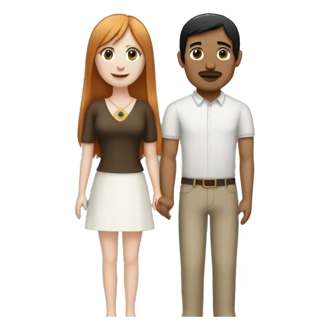 a married couple standing beside eachother, one has pale skin and long straight ginger hair with bangs and blue eyes, the other person is a man that is mexican and has straight chin length black hair with brown eyes sticker