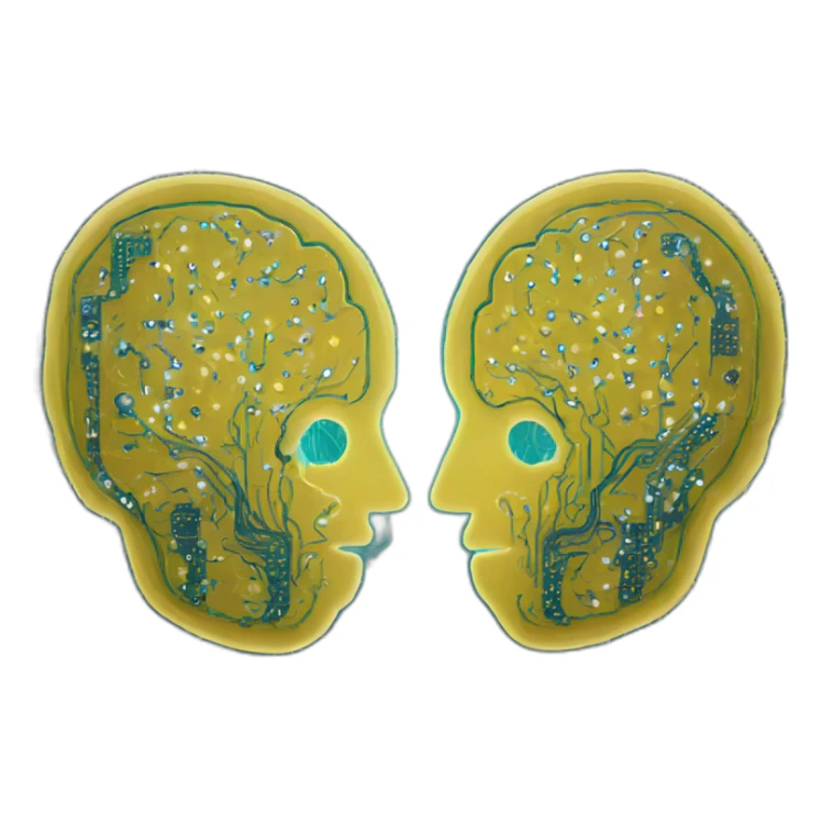 two brains connecting, a circuit-board style line between them, digital style sticker