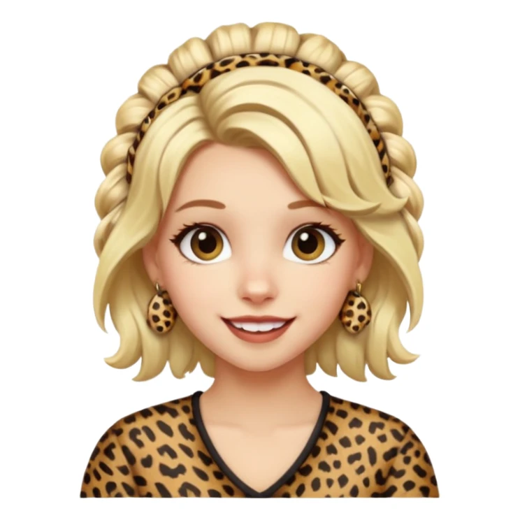 Une fille blonde et joyeuse. Elle porte une coiffure rock et originale avec des barrettes pour cheveux  léopard et motif peau de vache. sticker
