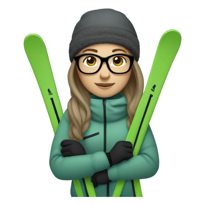 chubby female skier with long straight hair and green eyes, glasses, grey purple snow jacket, long black pants, black only snow boots and black skis sticker