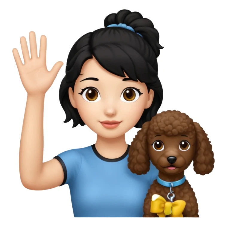 Ponytail black hair girl with brown Poodle say goodbye  sticker