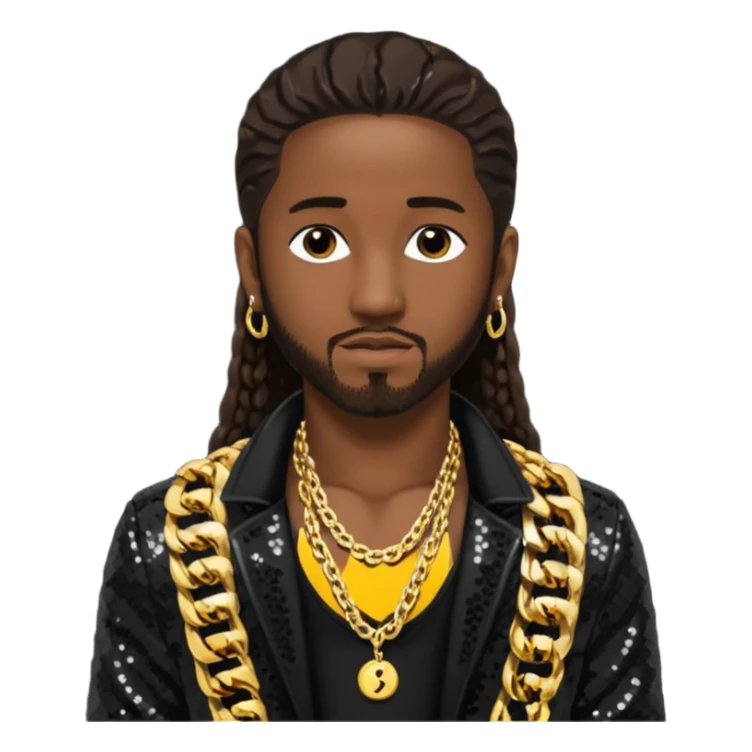 Omarion with long dark brown hair, black sequin jacket, shirtless with necklace sticker
