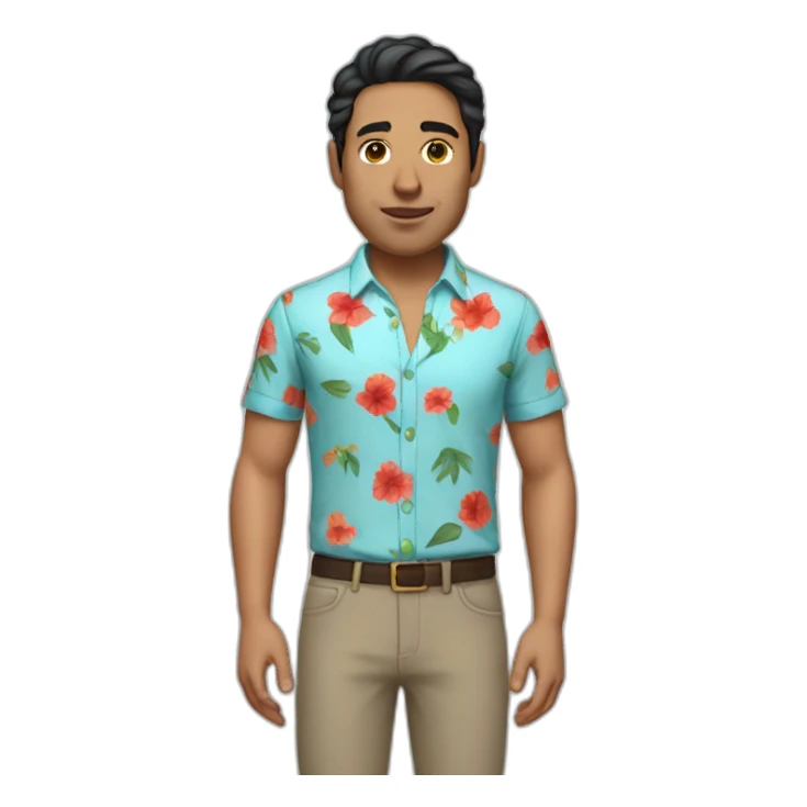 white man with dark hairs with a flower shirt and a red pant sticker