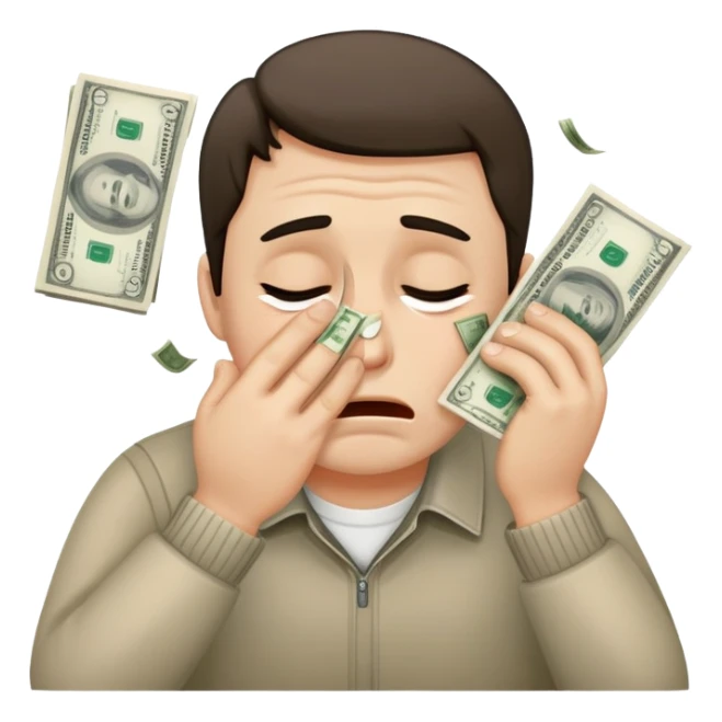 The man crying and wipes his face with money sticker