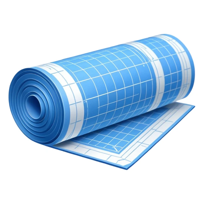side perspective of a blue rolled-up blueprint plan with white lines sticker