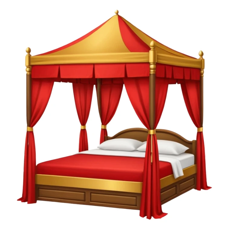 bed with red and gold sheets, wooden, canopy, simple sticker