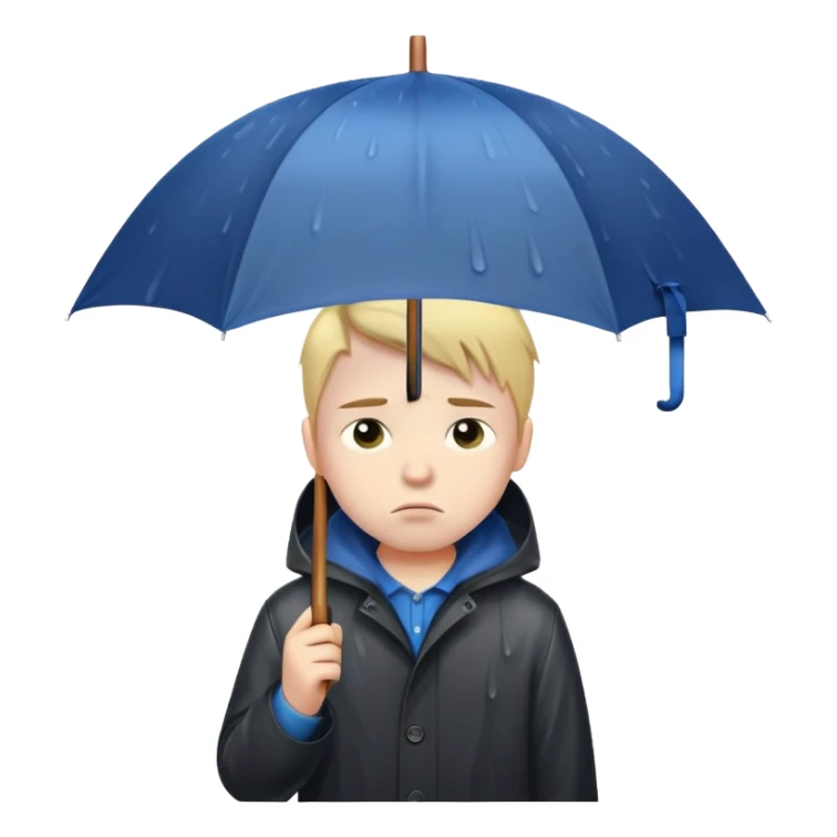 Sad boy standing alone in the rain with an umbrella sticker
