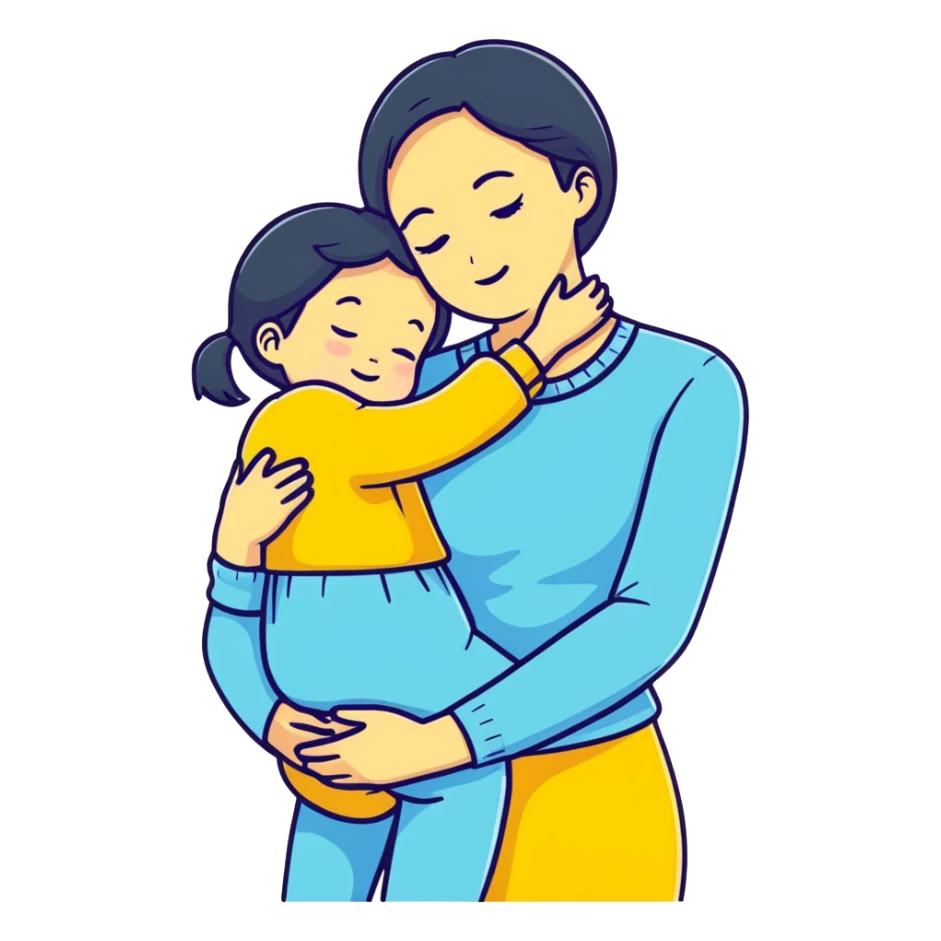 mother hugging daughter with pastel blue background and clothing sticker