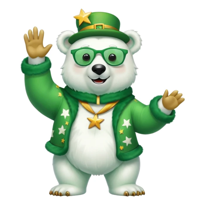 full body friendly anthropomorphised polar bear wearing large multicolored star-shaped glasses and festive St. Patrick's Day outfit, waving and smiling sticker