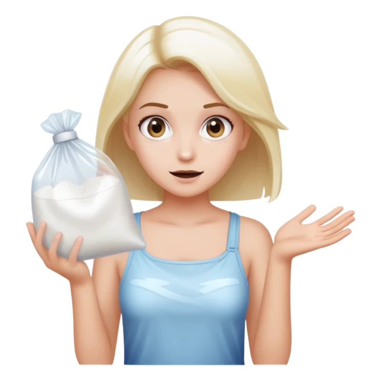 Girl shrugging holding a clear plastic bag with white powder sticker