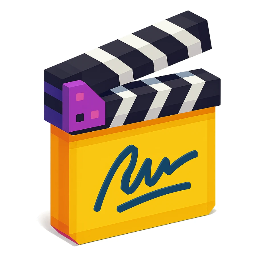 voxel style movie clapperboard with a director's signature, isometric view sticker