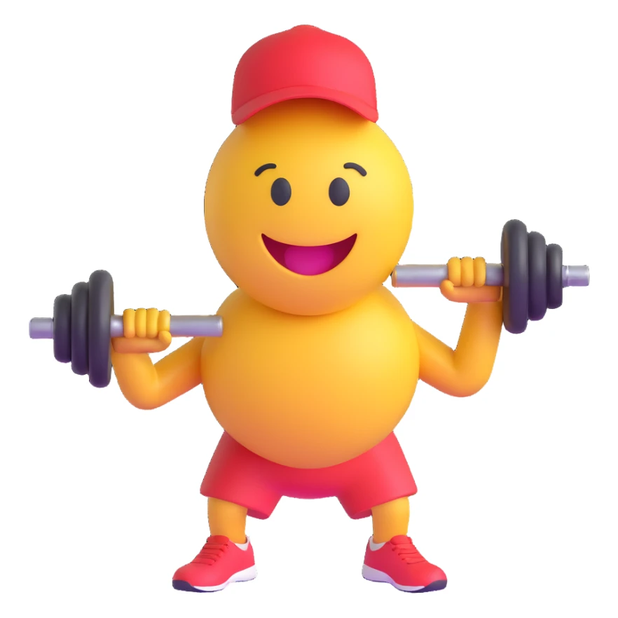 3D smiley emoji, round shape, with dumbbell, sporty face sticker