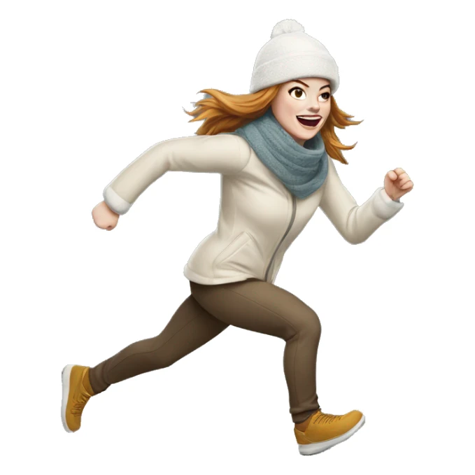 Emma Stone running, with a large stride and arms outstretched, with long golden brown hair, wearing an snow hat and scarf sticker