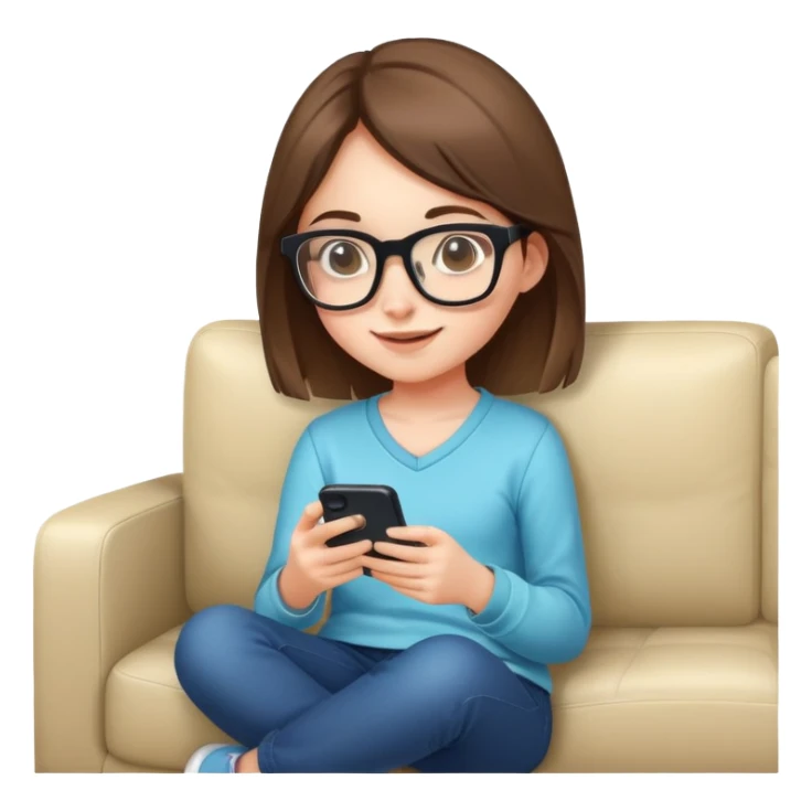 A cute young girl with glasses sitting on a couch, happily playing a mobile phone game sticker