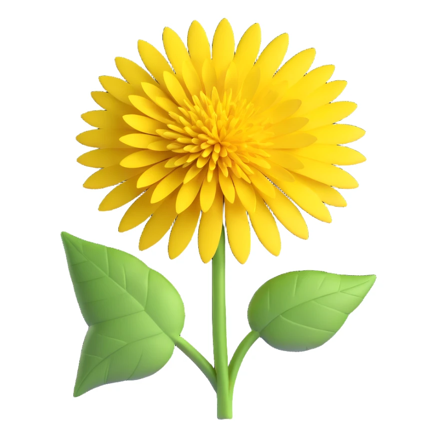 Create a 3D illustration of a dandelion in iOS Apple emoji style, featuring a voluminous yellow flower and a green leaf, on a transparent background. sticker