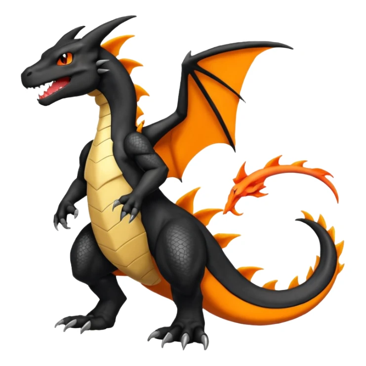 Shiny Black Koraidon-Charizard-Salandit-Fakémon-hybrid-creature (full body) with orange belly sticker