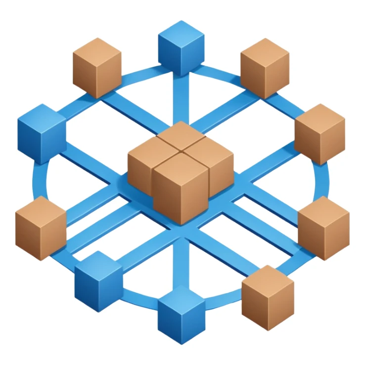 network in a circle form with blue color and realistic brown boxes at intersection points sticker