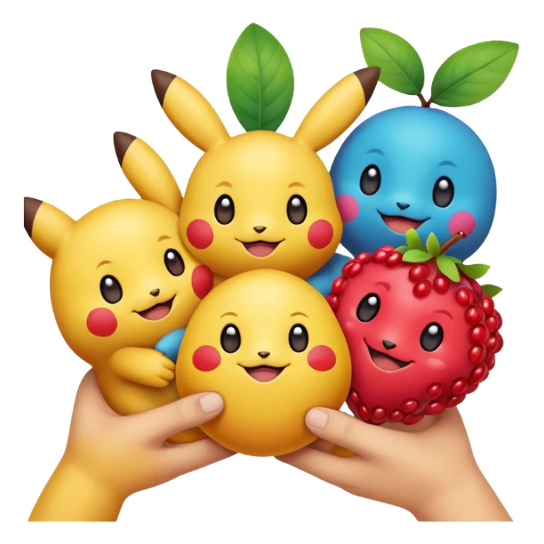 Three Pokémon characters showing kindness and teamwork. One Pokémon is handing a berry to another, while the third Pokémon is cheering and clapping happily. They look joyful and friendly, standing close together in a bright, colorful cartoon scene. The style is cute, playful, and emoji-like. sticker
