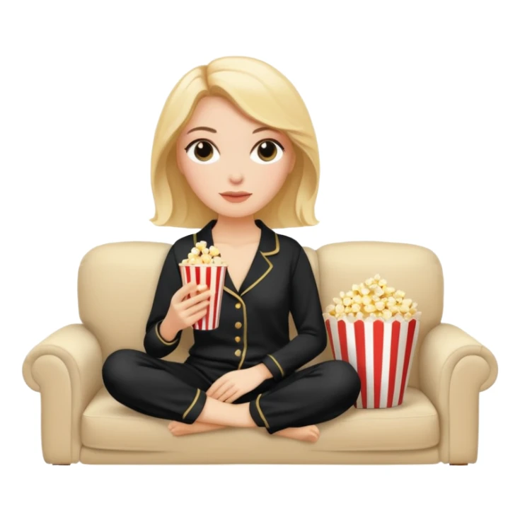 Stylish white woman with makeup in black pyjama watching tv with popcorn on beige couch sticker