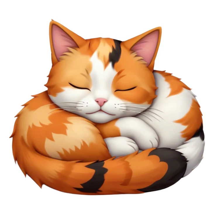 Meme-Worthy Cute Sleeping Calico Cat Portrait Emoji, Head resting peacefully with a content, gentle smile and softly closed eyes, featuring a delicate patchwork fur in vibrant orange, black, and white hues, simplified yet irresistibly endearing, highly detailed, glowing with a soft, drowsy radiance, high shine, exuding relaxed and utterly lovable charm, styled with a gentle, soft glowing outline, capturing the essence of a sleeping calico cat that appears destined to become a viral icon of adorable rest! sticker