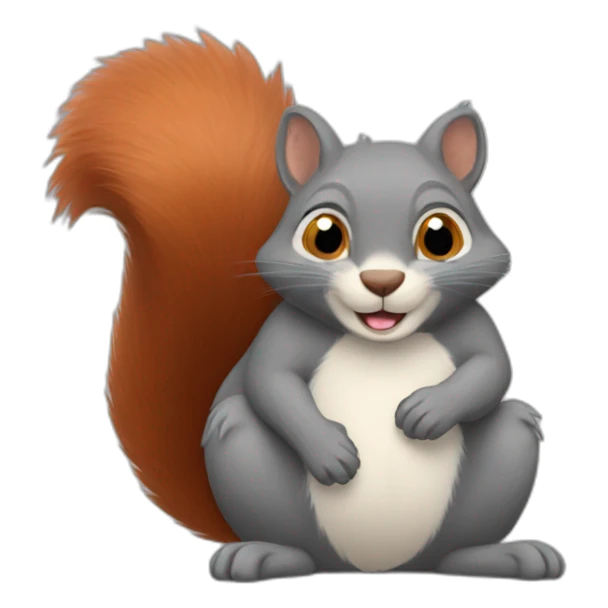 a red squirrel in the arms of a gray cat sticker