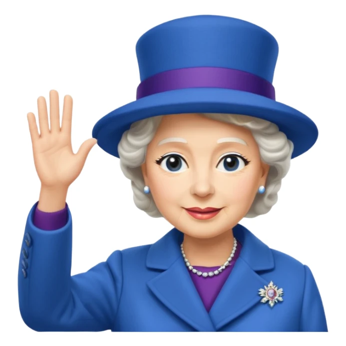Queen Elizabeth II emoji, waving hand, blue hat and coat sticker