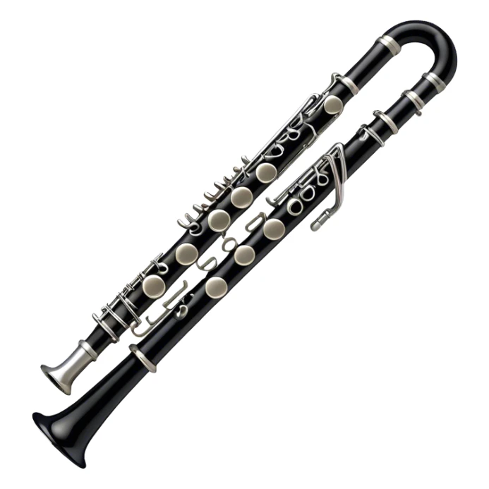 Create an emoji, representing a black standard clarinet. The design should feature a smooth, glossy black body of the clarinet with shiny, silver keys clearly visible. Highlight the intricate details of the mouthpiece and reed at the top, while the body of the instrument should remain simple and elegant. Add subtle musical notes or soundwaves floating around the instrument to symbolize its clear, melodic sound. Use black for the body, silver for the keys, and soft lighting effects to give the instrument a polished, sophisticated look. The background should be transparent. sticker