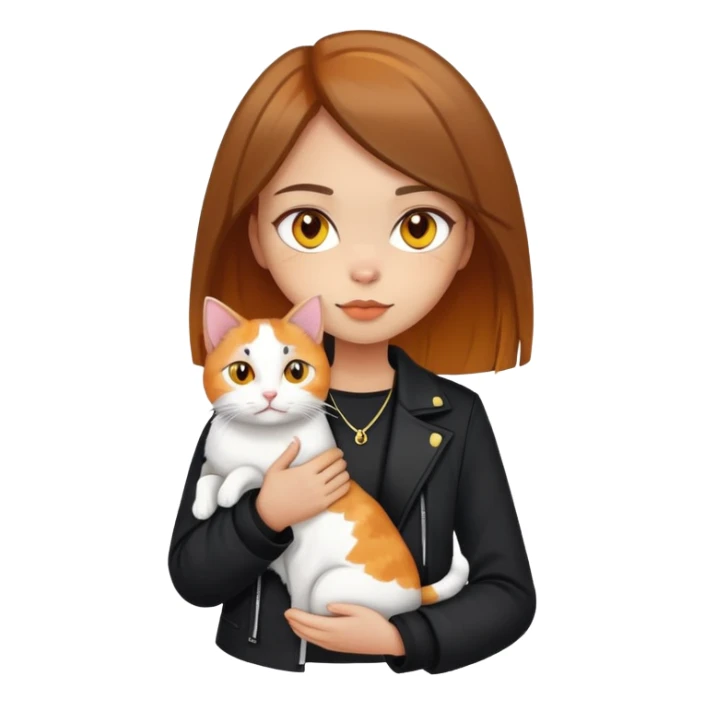 Light-skinned girl with brown straight hair wearing a black jacket, holding one pure white cat with yellow eyes and one calico cat with orange and black patches sticker