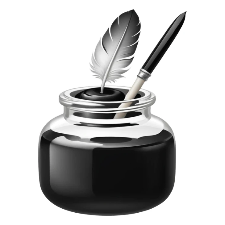 polished white ink pot, vintage style, with a lightly curved white feather quill dipped in, minimal and glossy, black background, emoji style sticker