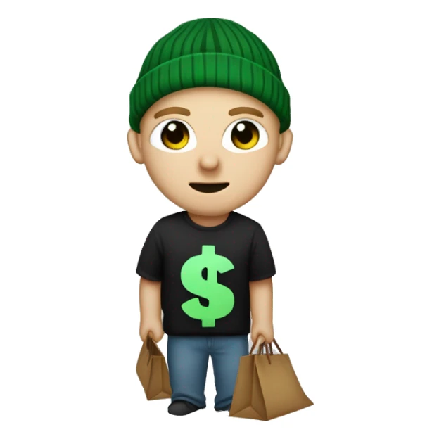short light hair, large expressive eyes, small neutral mouth, wearing a black beanie, striped t-shirt or sweater, accessorized with a black eye-cutout mask and holding a brown bag with a green dollar sign. sticker