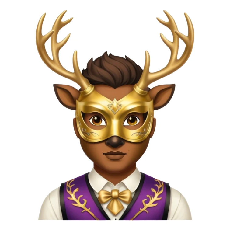 a man, with a vest,  wear half-face golden Deer masquerade mask sticker