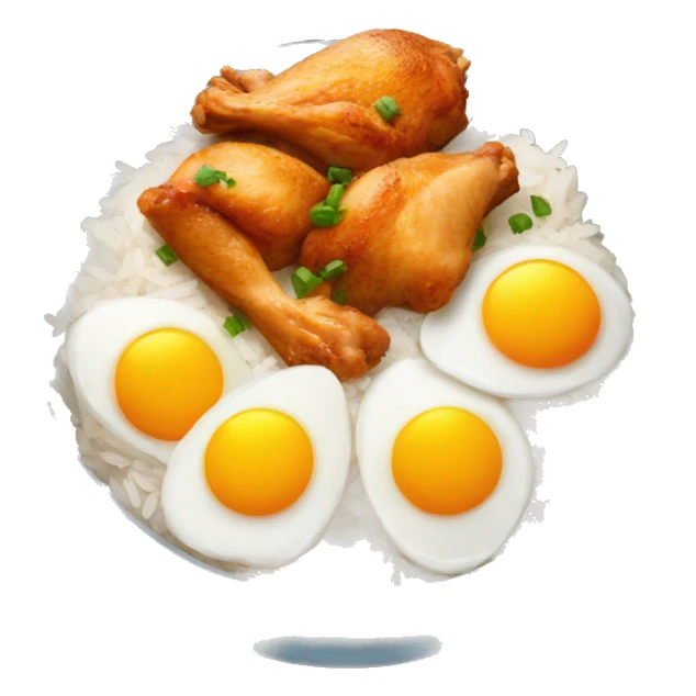 a bowl of rice with two eggs and chicken thigh sticker