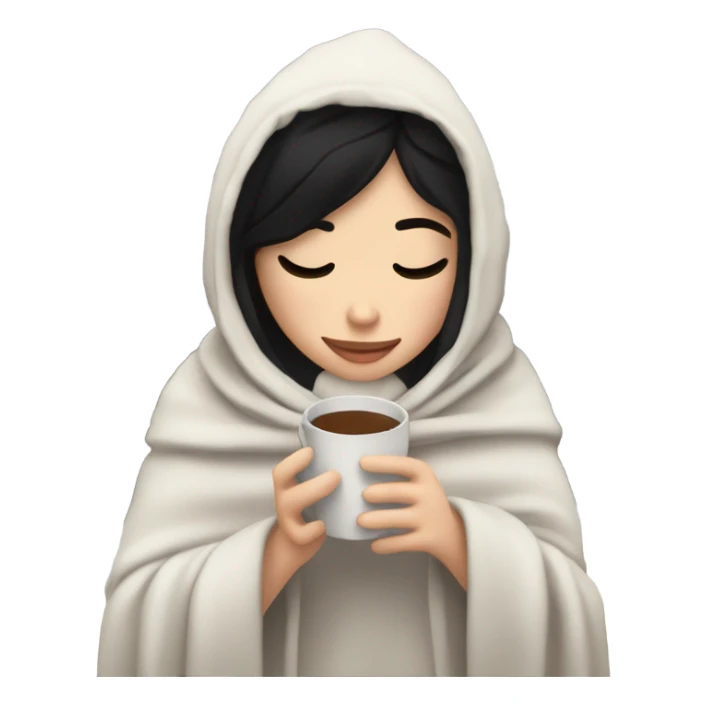 white girl with black hair inside a blanket sipping coffee eyes closed sticker